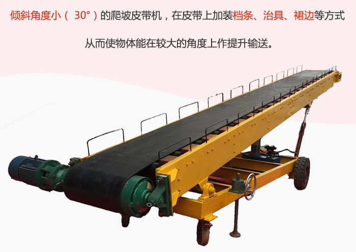 倾斜角度小（ 30°）的爬坡皮带机，在皮带上加装档条、治具、裙边等方式从而使物体能在较大的角度上作提升输送。